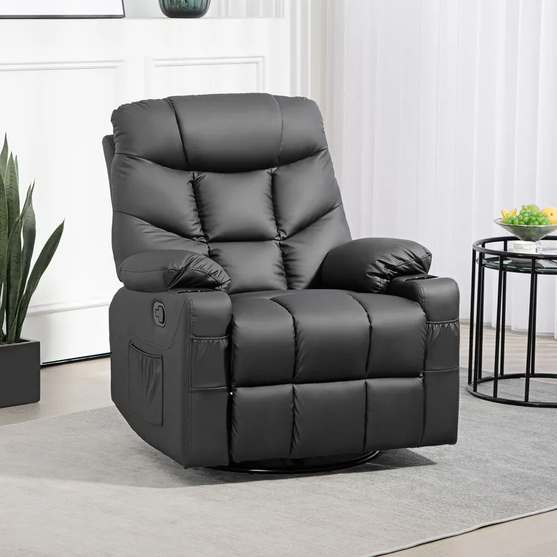 Homcom Manual Recliner Chair with Footrest, Cup Holder, Swivel Base, Black - Black