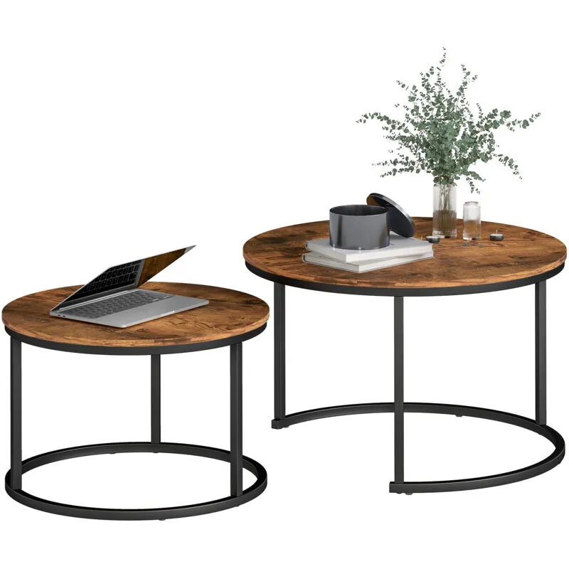 Homcom Marble Coffee Table Set of 2, Round Nest of Tables, Rustic Brown - Brown