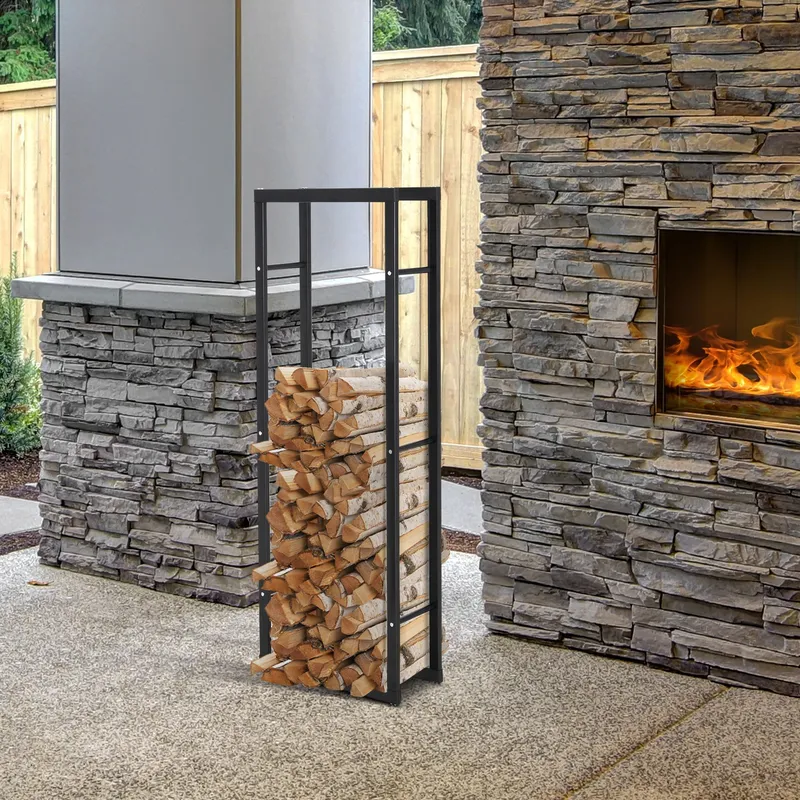 Homcom Metal Firewood Log Holder Rack Elevated Tiered Base Side Rails in Black - Black