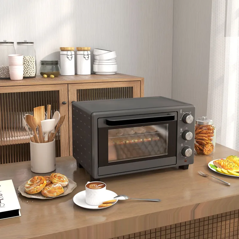 Homcom Mini Oven, 21L Countertop Electric Grill, Toaster Oven with Adjustable Temperature, Timer, Baking Tray & Wire Rack, 1400W in Grey Grey