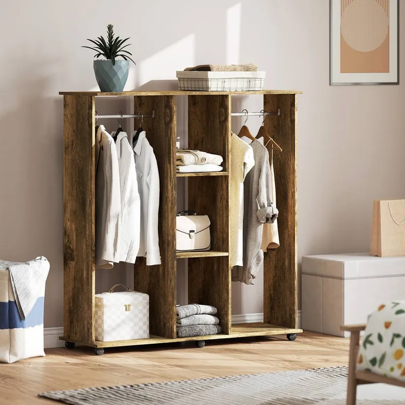 Homcom Mobile Double Open Wardrobe w/ Clothes Hanging Rail Colthing in Brown Brown