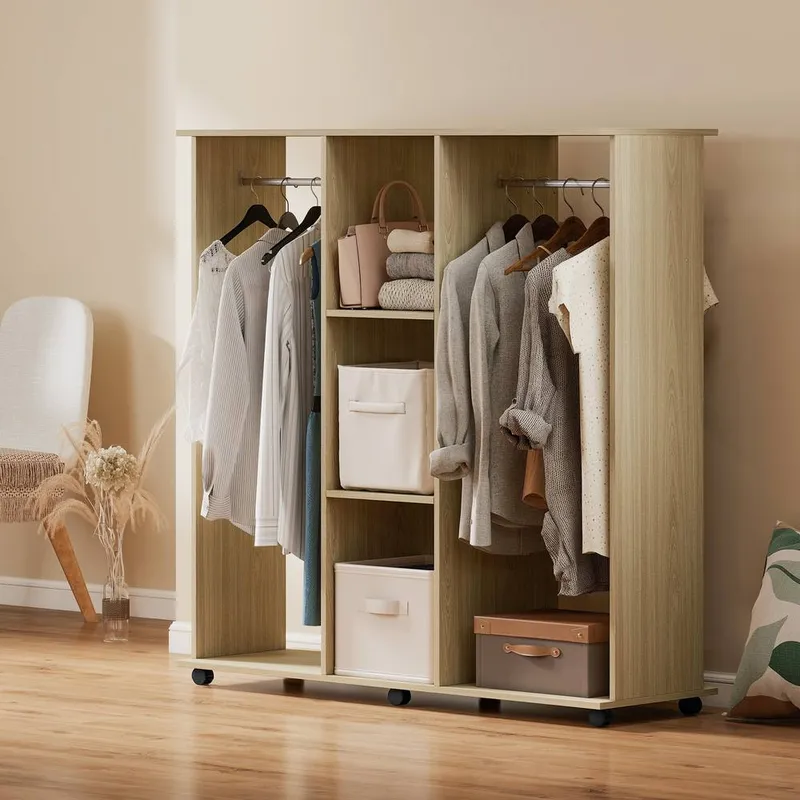 Homcom Mobile Double Open Wardrobe w/ Clothes Hanging Rail Colthing Natural - Natural