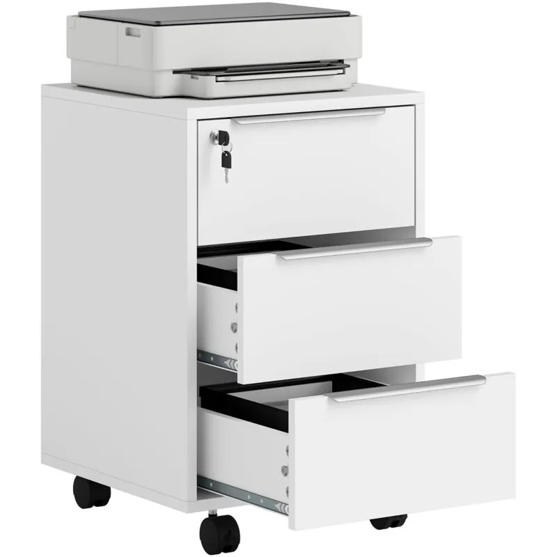 Homcom Modern 3-Drawer Locking File Cabinet Mobile Filing Cabinet in White White