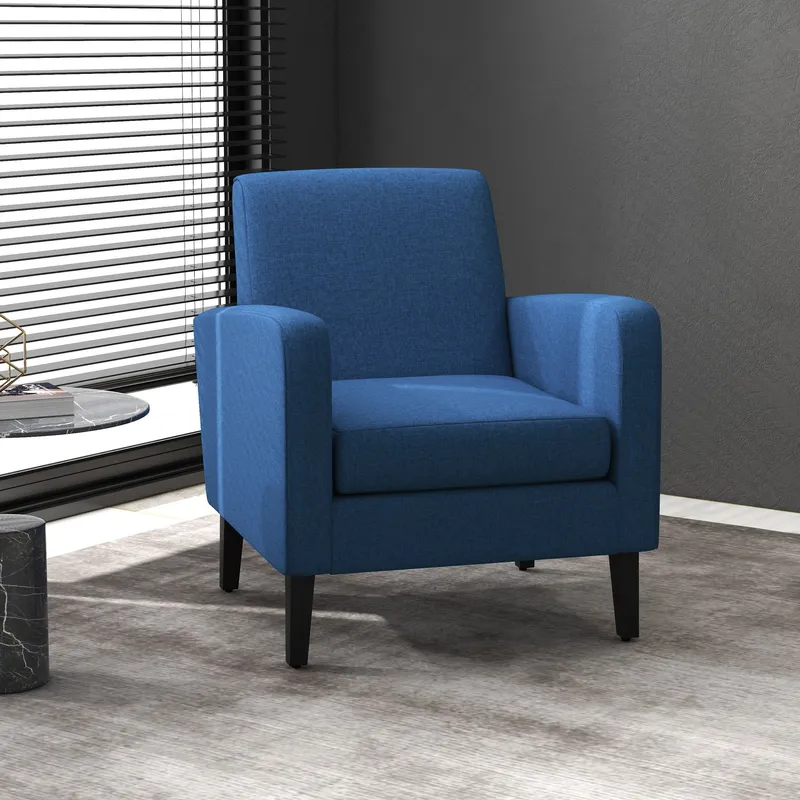 Homcom Modern Armchair Accent Chair with Rubber Wood Legs for Bedroom in Blue Blue