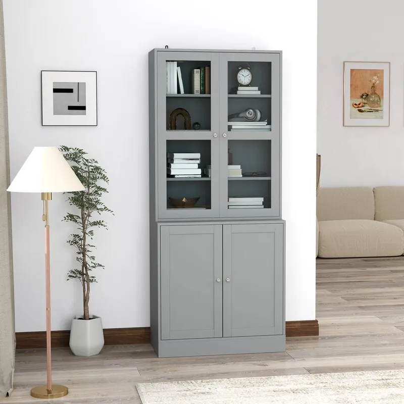 Homcom Modern Bookcase Display Storage Cabinet w/ Doors Adjustable Shelves in Grey - Grey