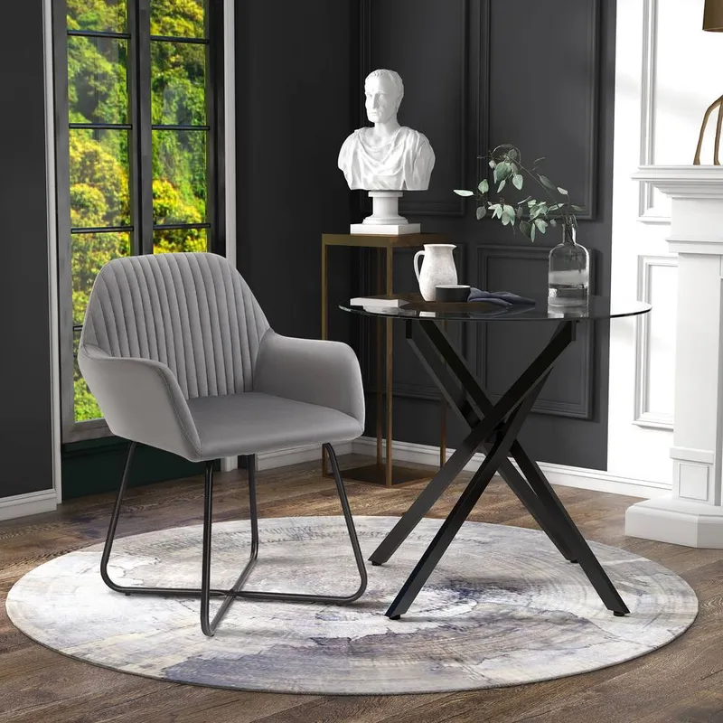 Homcom Modern Dining Set Round Glass Table & Velvet Chair Black & Grey - Grey