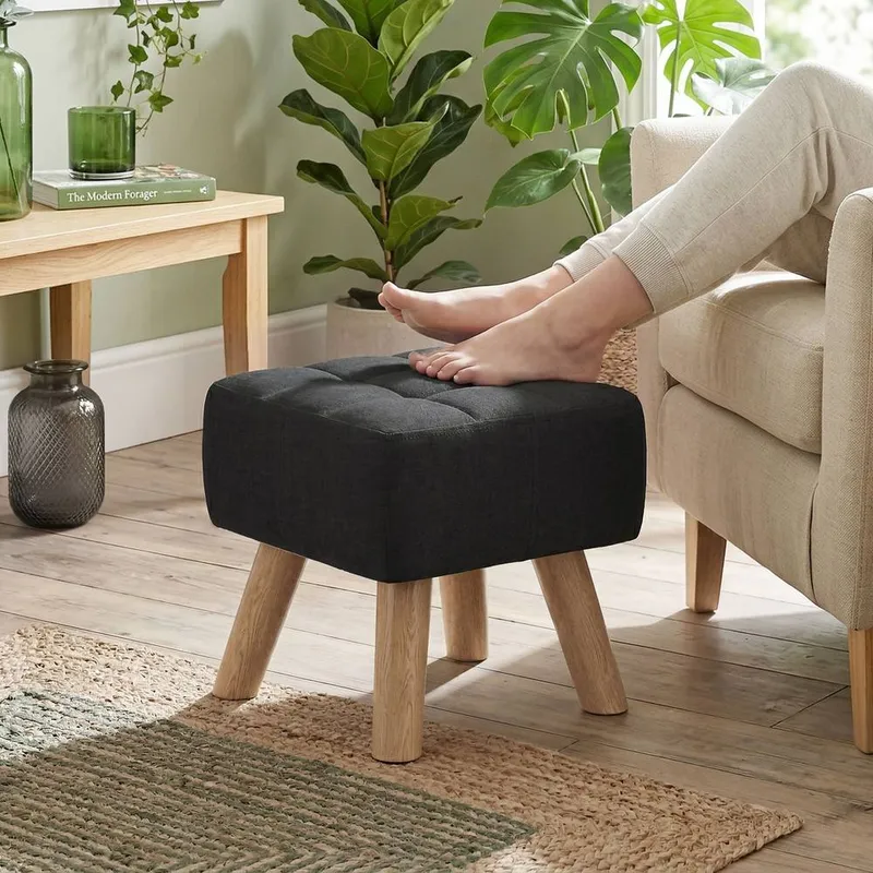 Homcom Modern Footstool, Fabric Foot Rest with Rubber Wood Legs, Black - Black