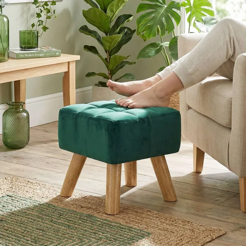 Homcom Modern Footstool, Fabric Foot Rest with Rubber Wood Legs, Dark Green Dark Green