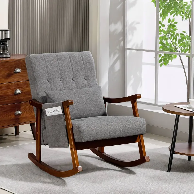 Homcom Modern High Back Rocking Chair with Solid Wood Legs in Grey Grey