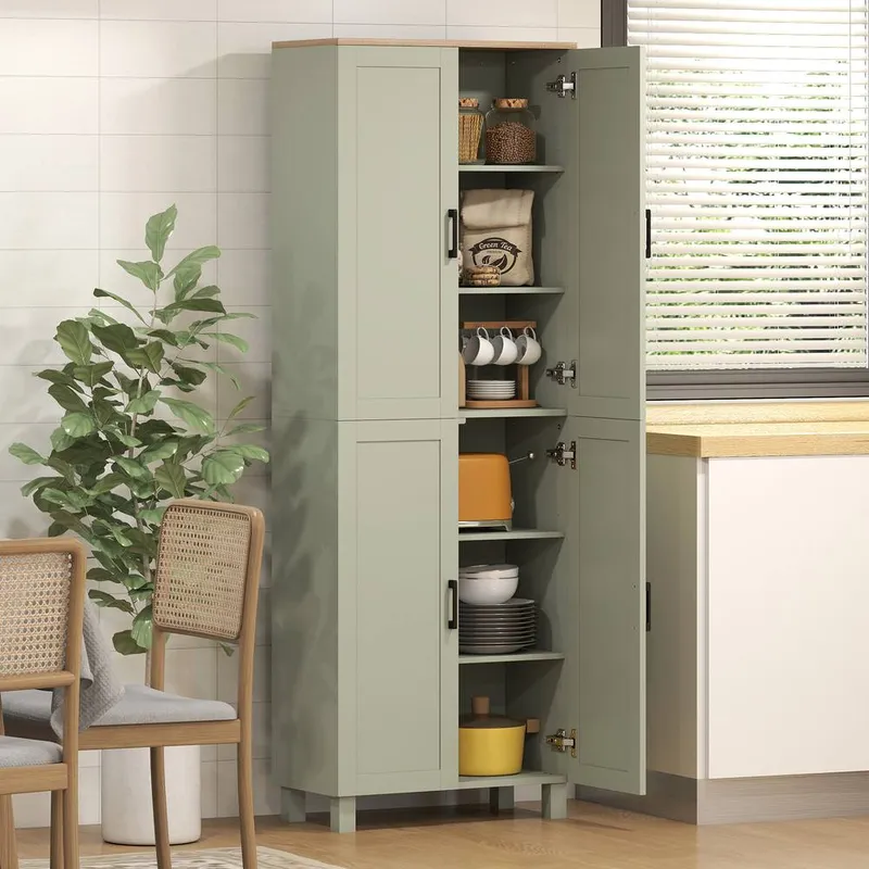 Homcom Modern Kitchen Cupboard Storage Cabinet with 6 Shelves, Green Green