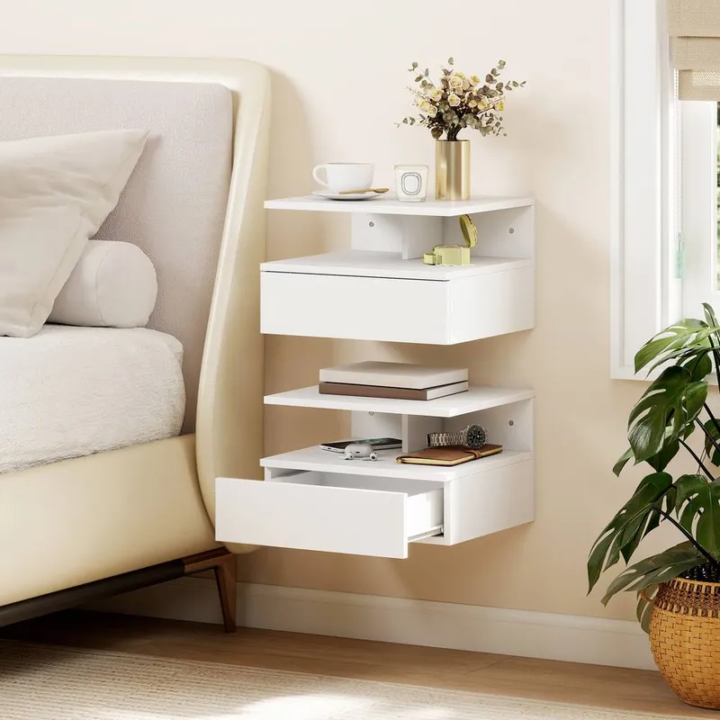 Homcom Modern Nightstand Set of 2, Wall Mounted Bedside Cabinet in White - White - Size: One Size
