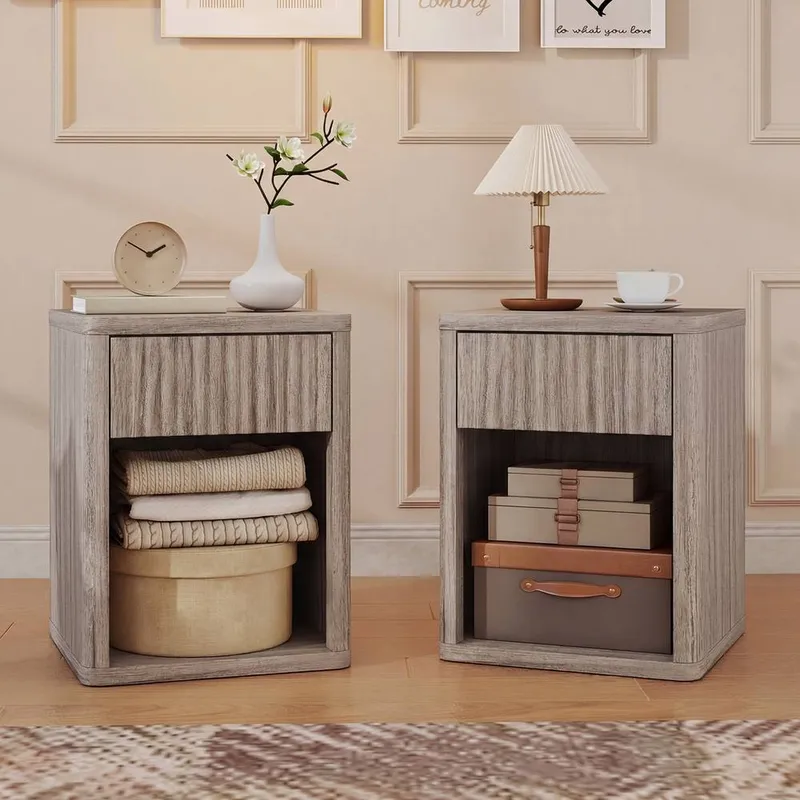 Homcom Modern Nightstand with Drawer & Open Shelf, Set of 2, Oak in Grey Grey
