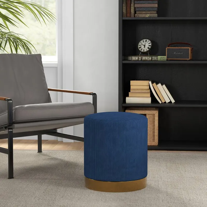Modern Round Footstool, Fabric Upholstered Foot Rest Dark Blue - Homcom