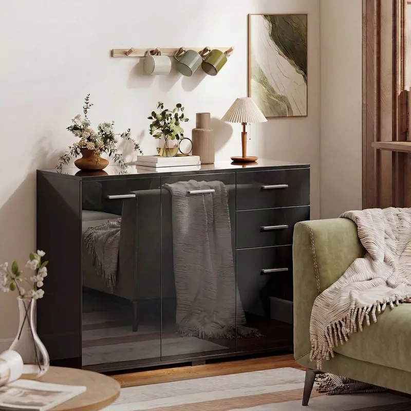 Homcom Modern Sideboard Kitchen Storage Cabinet, High Gloss Black Black