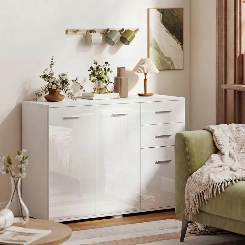 Homcom Modern Sideboard Kitchen Storage Cabinet, High Gloss White White