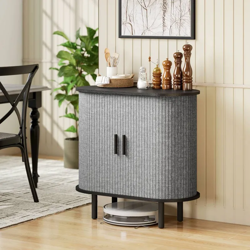 Homcom Modern Sideboard with 2 Sliding Doors Tambour Kitchen Cupboard Grey - Grey