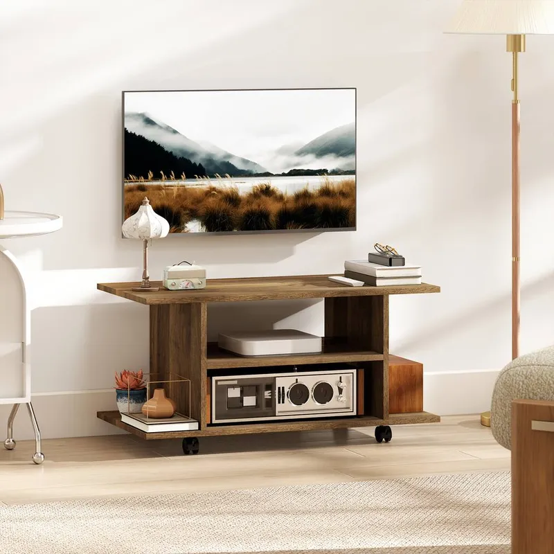 Homcom Modern TV Cabinet Stand Storage Shelves Table Mobile Walnut - Walnut
