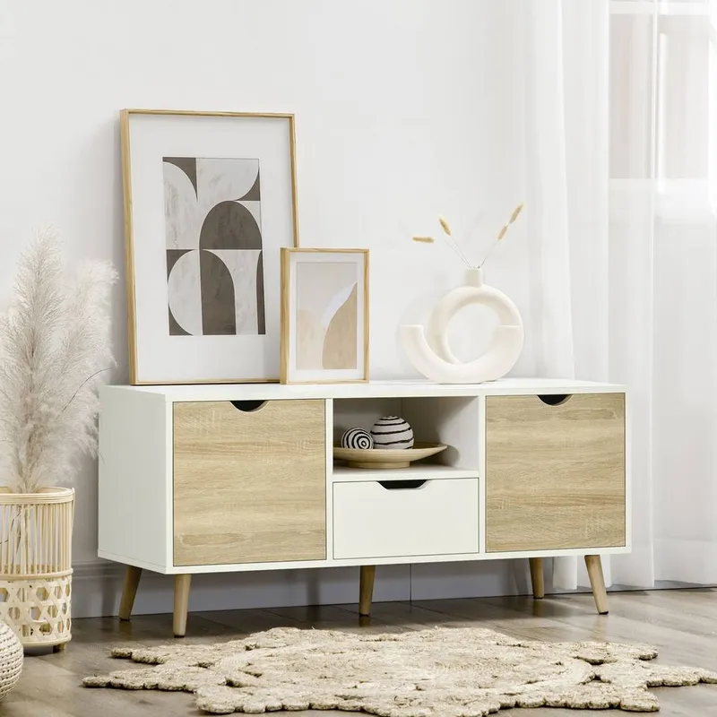 Homcom Modern TV Unit Cabinet Stand with Cabinets & Drawer in Light Brown Light Brown