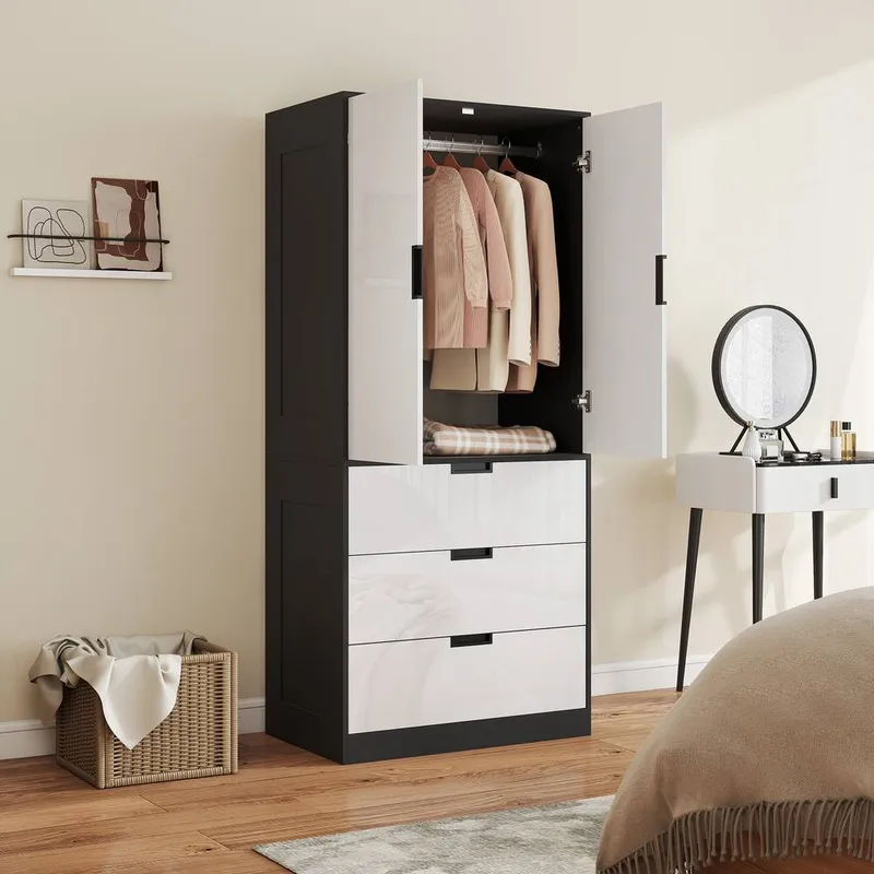 Homcom Modern Wardrobe White Wardrobe with 3 Drawer & Hanging Rod - White