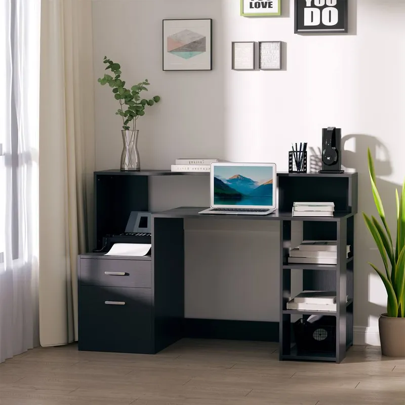Homcom Multi-Storage & Workstation Desk Table Storage Shelves Home Office in Black - Black