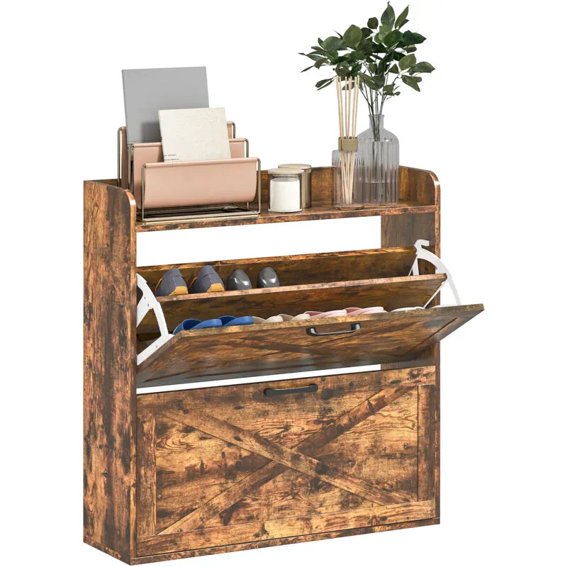 Homcom - Narrow Shoe Cabinet Farmhouse Slim Shoe Storage Cabinet Rustic Brown