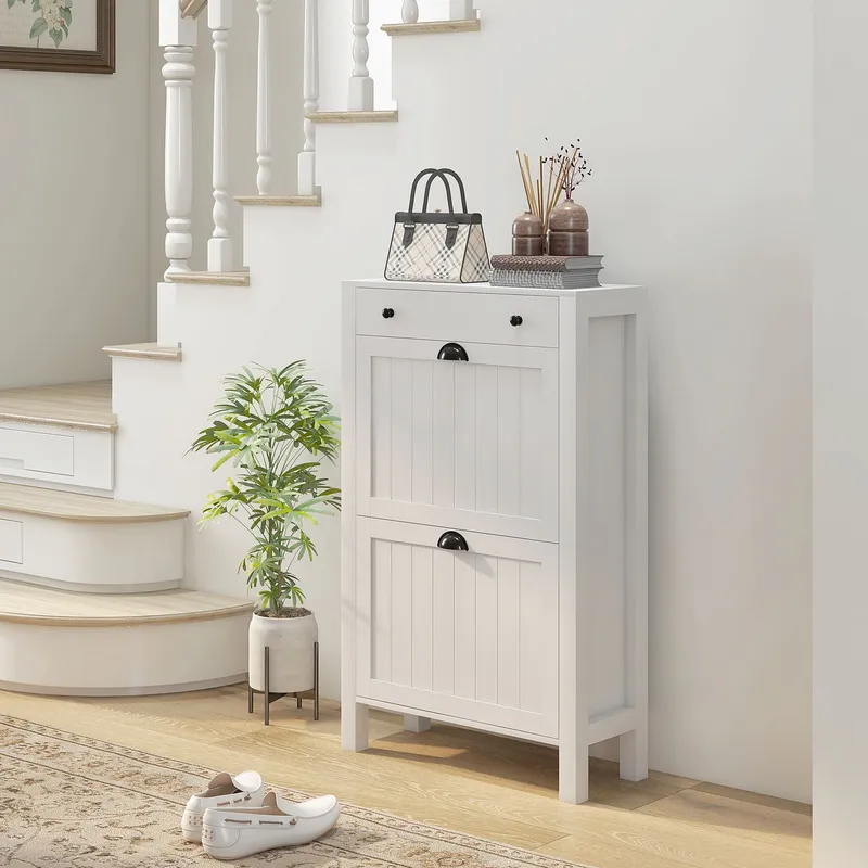 Homcom Narrow Shoe Cabinet with 2 Flip Drawers & Top Drawer, White - White
