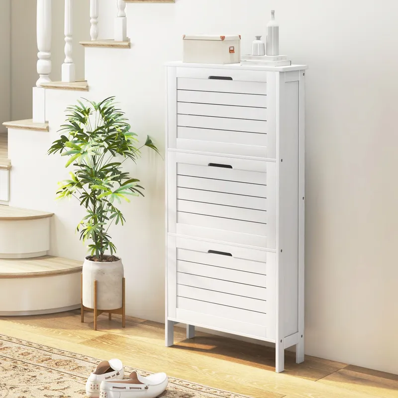 Homcom Narrow Shoe Storage Cabinet with 3 Flip Drawers, White White