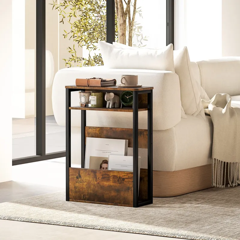 Homcom Narrow Side Table with Storage, Bedside End Table, Rustic Brown Brown