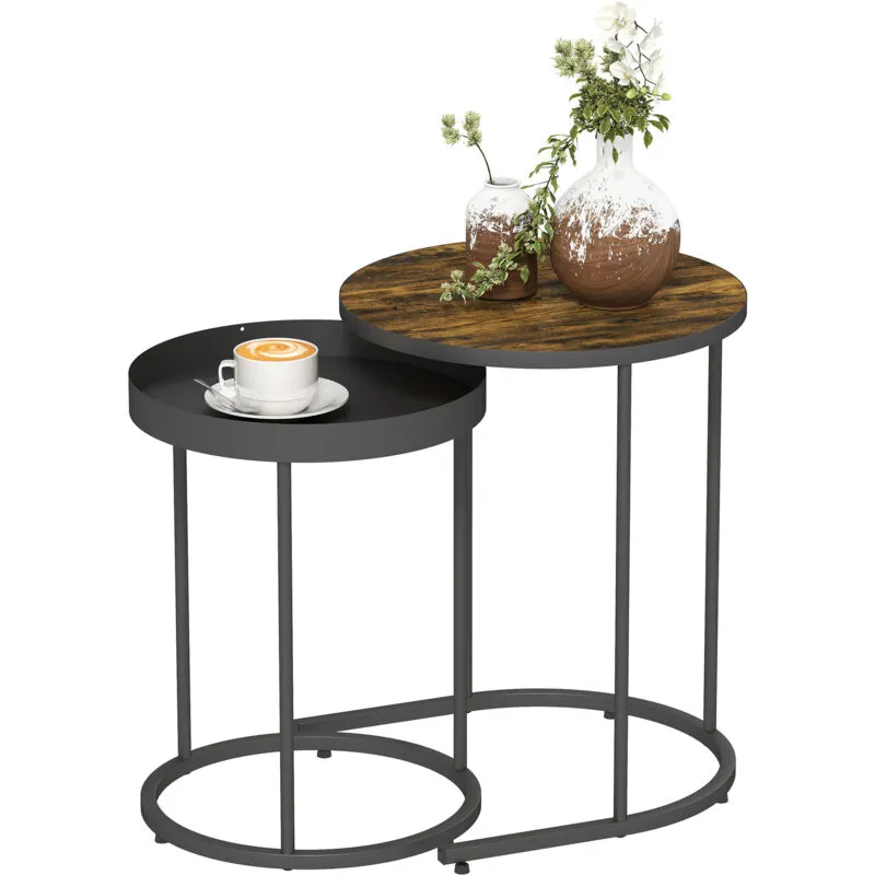 Homcom Nesting Side Table Set of 2, Industrial Round Nest of Tables in Brown Brown