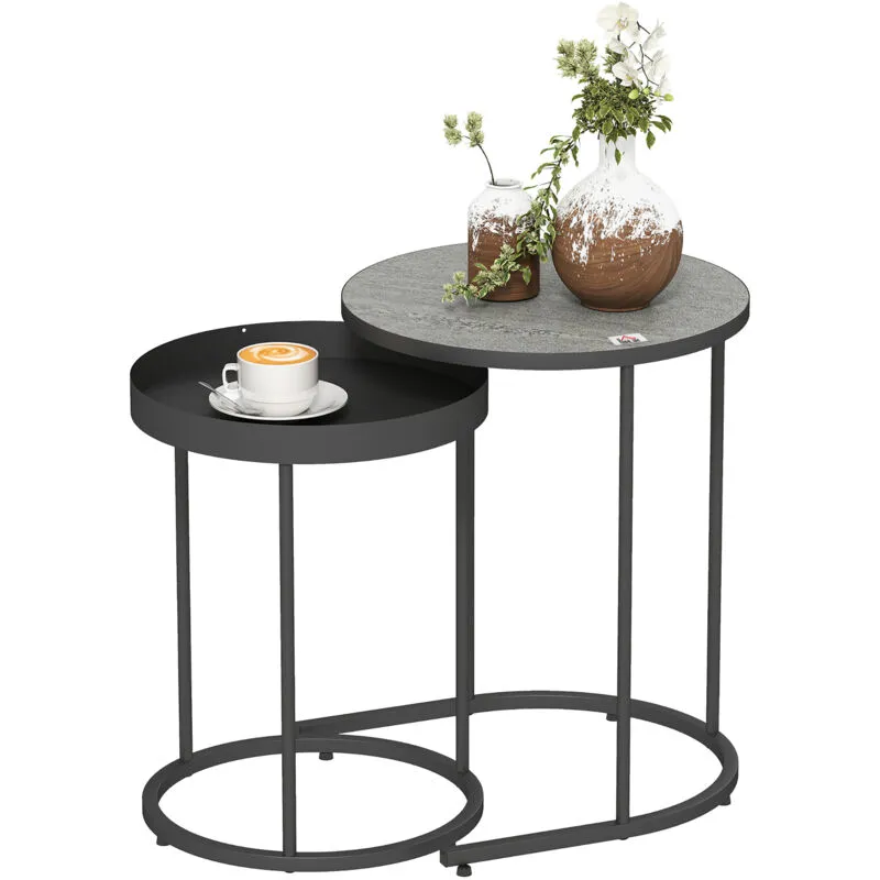 Homcom Nesting Side Table Set of 2, Industrial Round Nest of Tables in Grey Grey