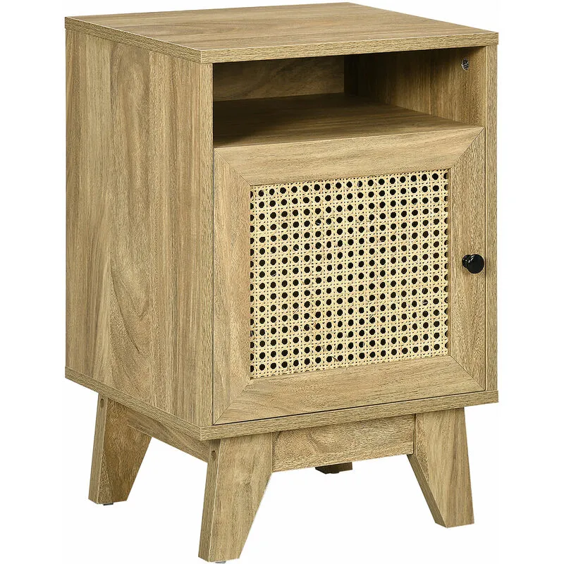 Homcom Bedside Table, Rattan Nightstand w/ Shelf, Cabinet, Natural Natural