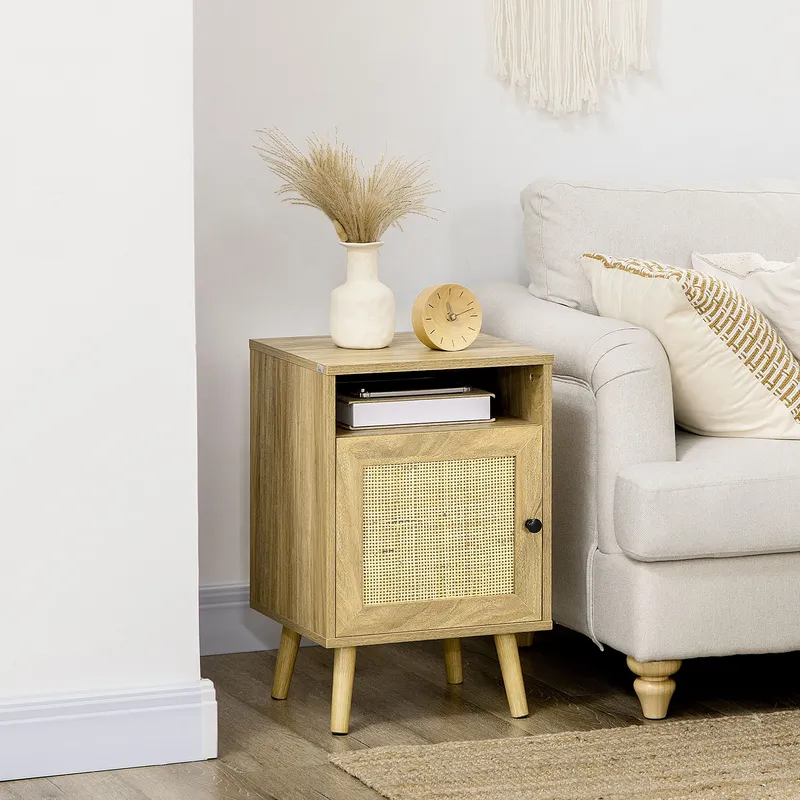 Homcom Nightstand, Rattan Bedside Table w/ Cabinet, Shelf, Natural - Natural