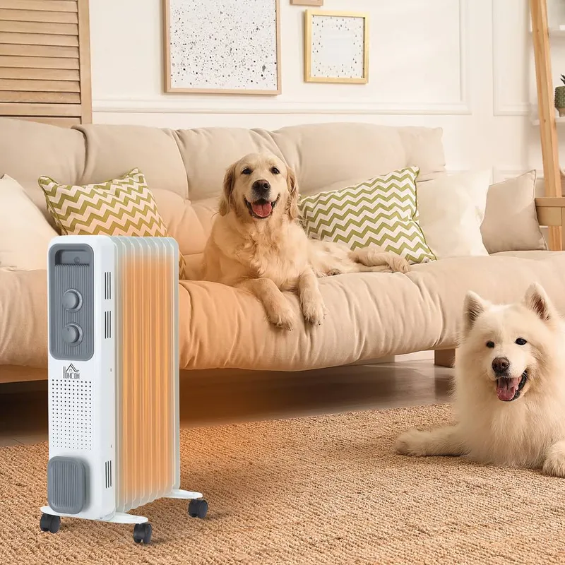 Homcom Oil Filled Radiator 9 Fin Portable Heater w/ Wheels & 3 Heat Settings, White - White