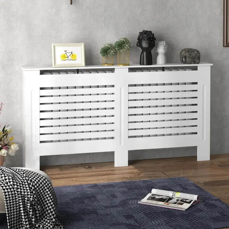 White Painted Radiator Cover Wooden Cabinet Horizontal Slats Modern Style - Homcom