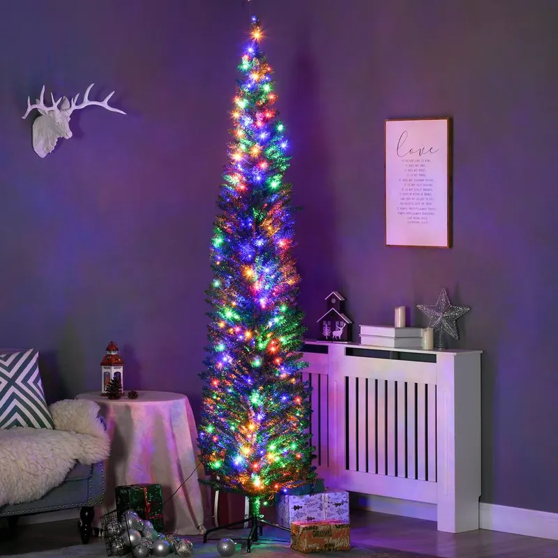 Homcom Pencil Artificial Christmas Tree with Colourful LED Lights in Green Size: 7ft - Green - Size: 7ft