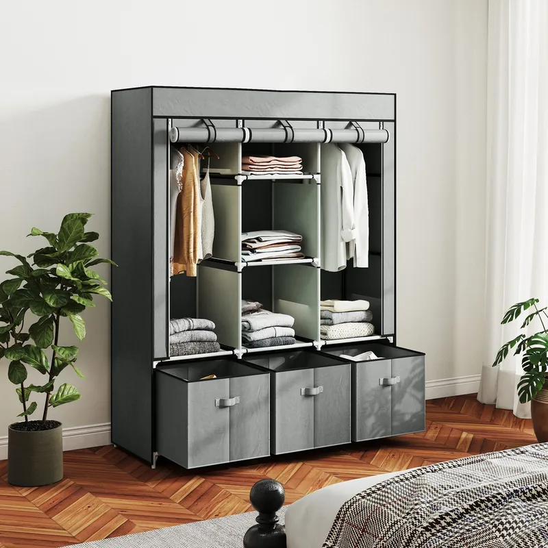 Portable Wardrobe w/ 5 Shelves 3 Fabric Drawers and 2 Hanging Rails - Homcom