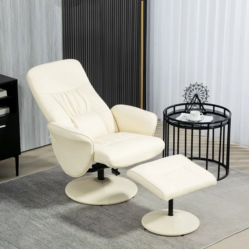 Homcom PU Leather Armchair & Footrest Swivel Recliner w/ Ottoman Cream White Cream