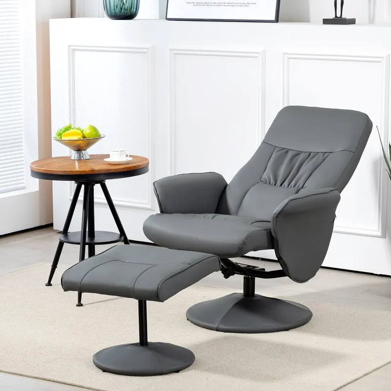 Homcom PU Leather Armchair & Footrest Swivel Recliner w/ Ottoman Grey - Grey