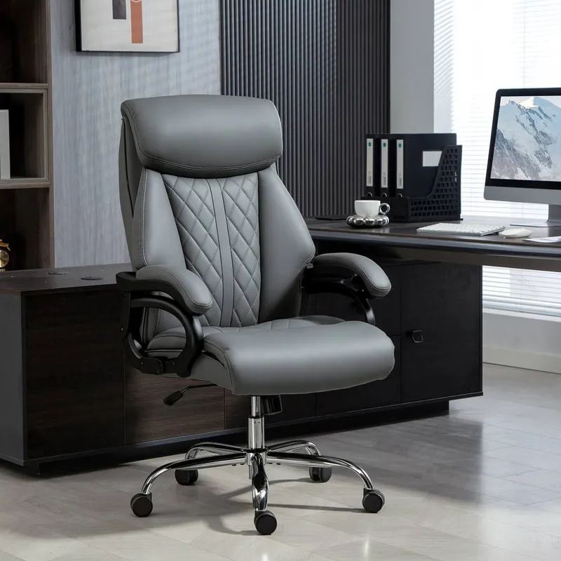 Homcom - pu Leather Office Chair with Spring Padding, Swivel Wheels, Grey