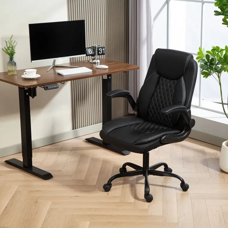 Homcom PU Leather Office Desk Chair with Thick Cushion in Black Black