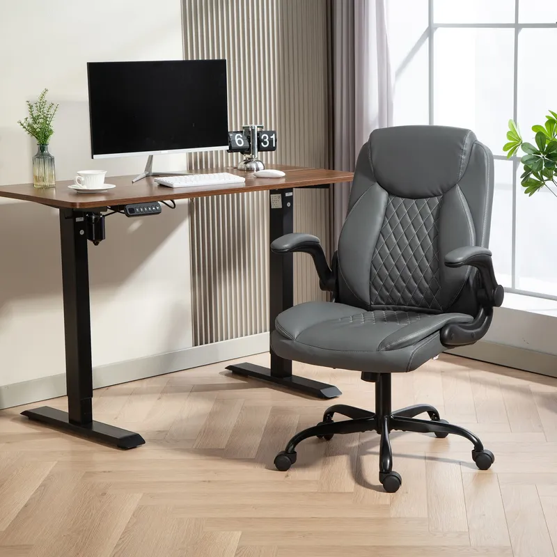 Homcom PU Leather Office Desk Chair with Thick Cushion in Charcoal Charcoal