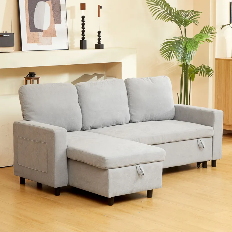 Homcom Pull Out Sofa Bed L Shape Corner Sofa w/ Reversible Chaise in Light Grey Light Grey