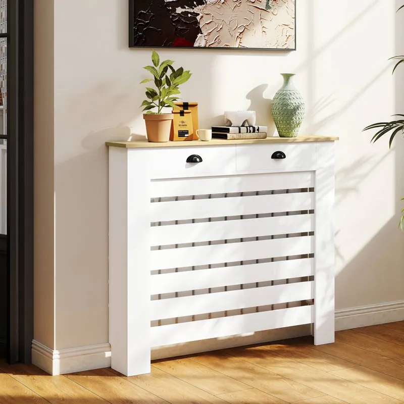Homcom Radiator Cover with Drawer, Horizontal Slat, White White