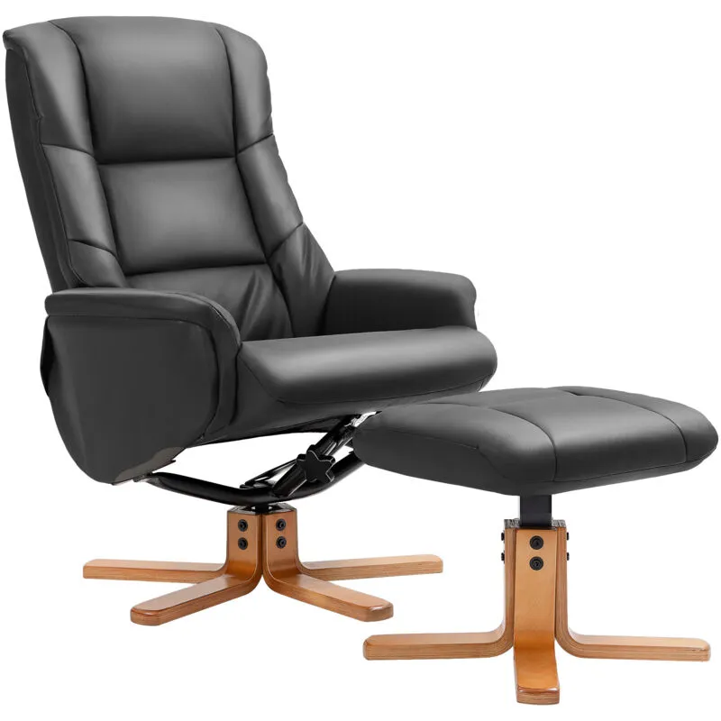 Homcom Recliner Armchair with Wood Base, Upholstered Reclining Chair, Black