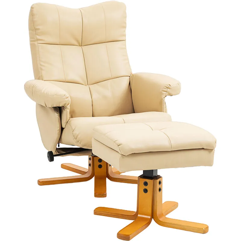 Homcom Recliner Chair & Footstool PU Leather Wooden Base, Beige - Beige