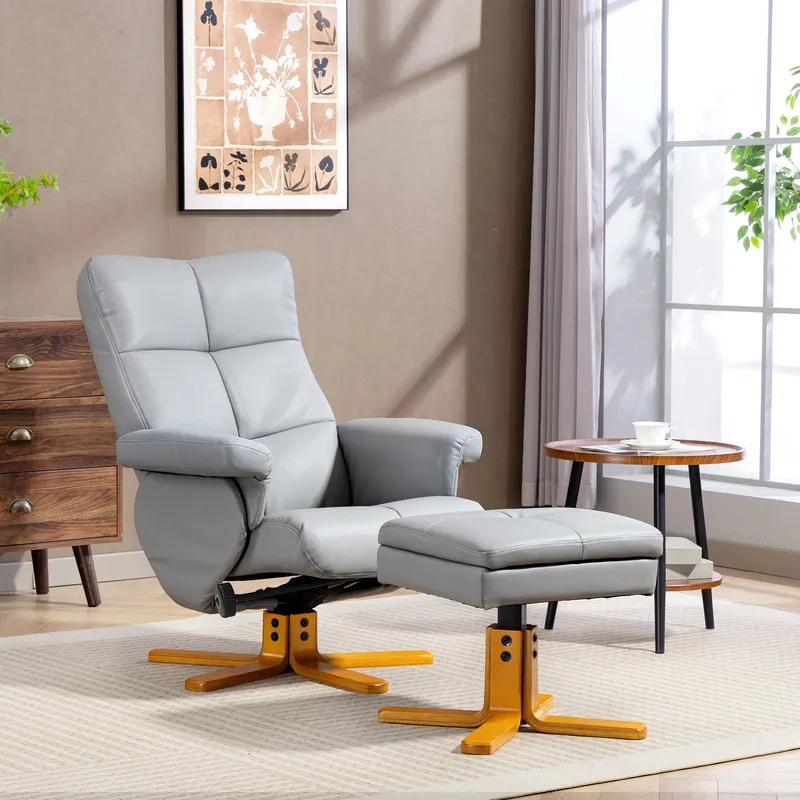 Homcom Recliner Chair & Footstool PU Leather Wooden Base, Light Grey Light Grey