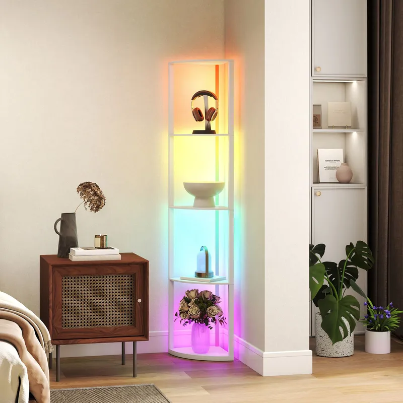 Homcom Rgb LED Floor Lamp with Shelves & Remote Control for Living Room in White White