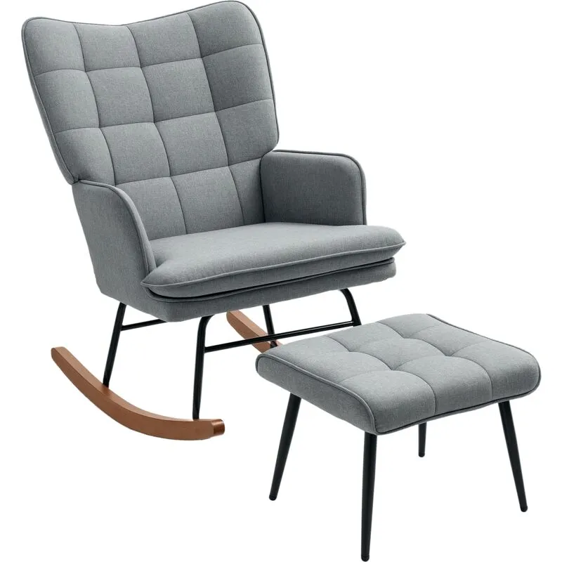 Homcom Rocking Chair with Footstool Fabric Wingback Chair for Bedroom Grey