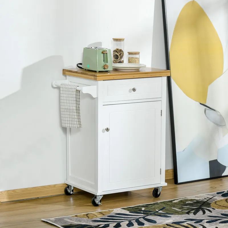 Homcom Rolling Kitchen Cart Storage Trolley with Drawer Towel Rail White - White