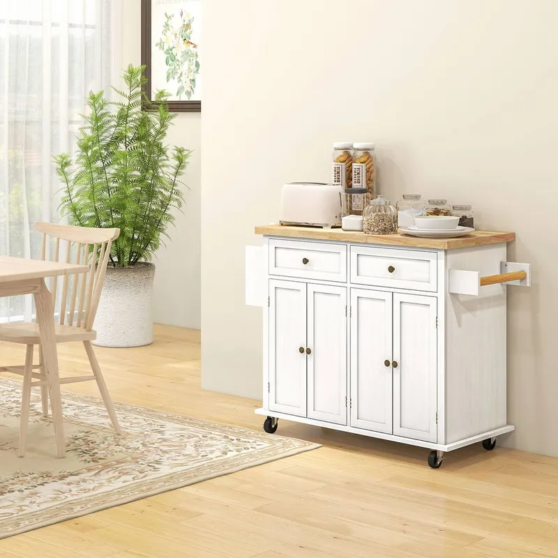 Homcom Rolling Kitchen Island Cart with Rubber Wood Top, Spices in White White